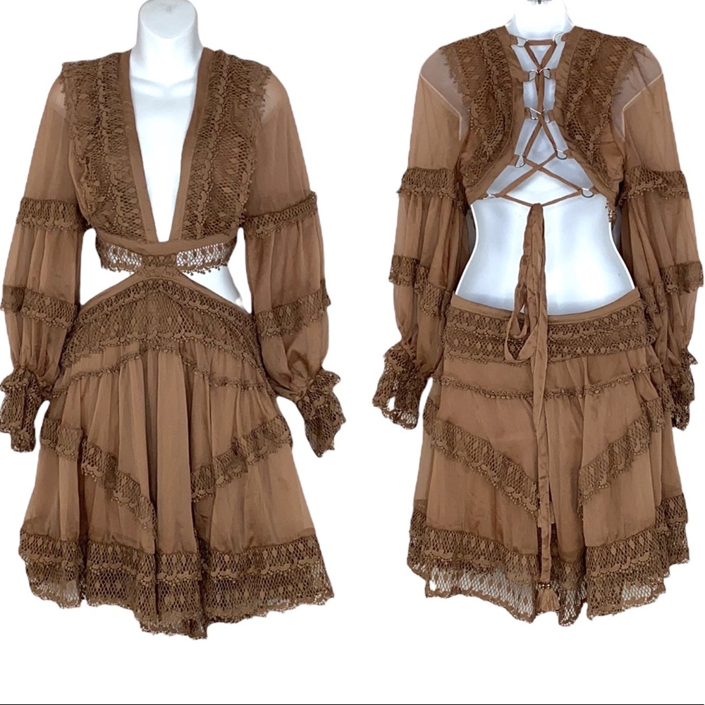 Rosevelvet Brown Cutout Lace-up Backless Dress